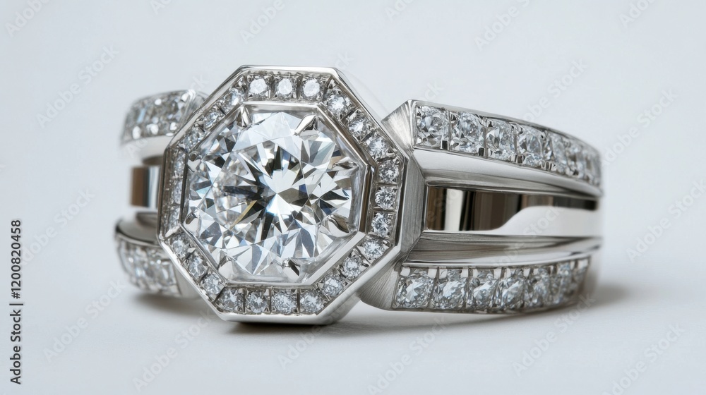 Fototapeta premium Close-up of a platinum diamond ring with a geometric design, set against a soft white background for a contemporary aesthetic.