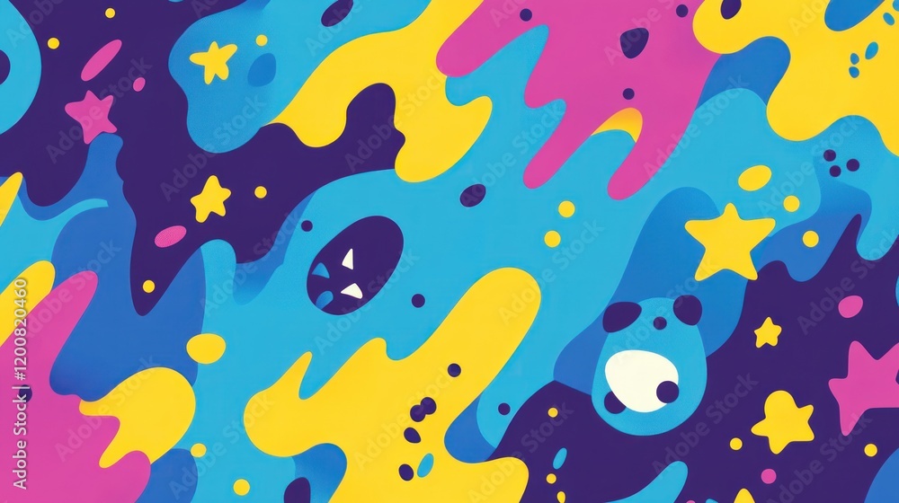 Abstract colorful shapes, stars, and cute monster design. Abstract colorful shapes, stars, and cute monster design.