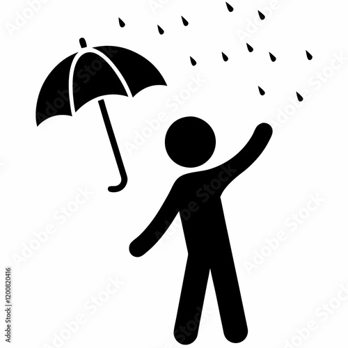 A man is holding an umbrella and smiling. He is standing in the rain. The umbrella is black and has a white handle