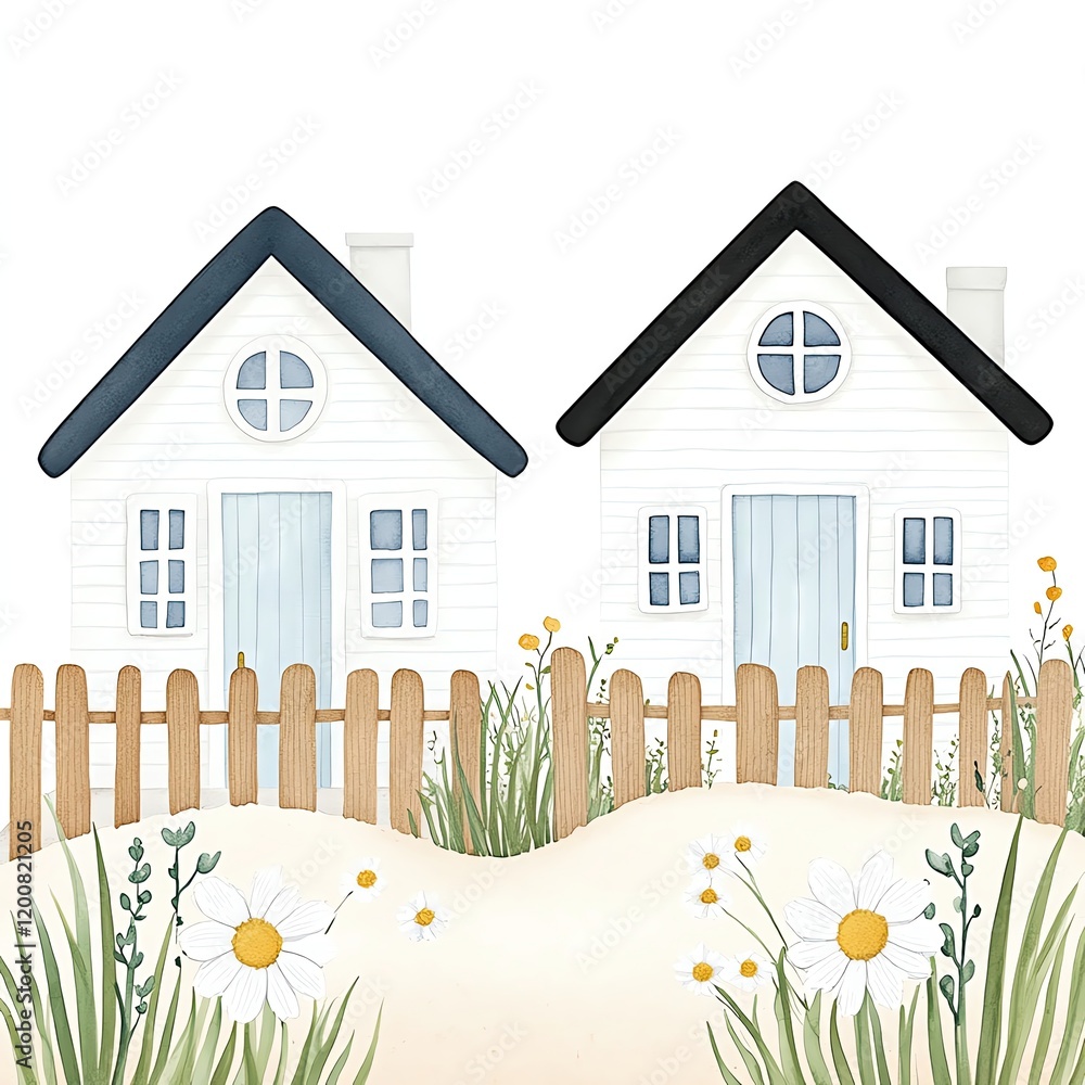 Φωτογραφία water color set isolate seaside lifestyle Charming houses with flowers and a wooden fence