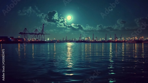 The quiet beauty of a nighttime harbor, with cargo ships gently bobbing in the water and cranes standing ready for the next day's work. photo