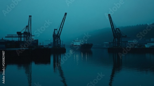 The quiet beauty of a nighttime harbor, with cargo ships gently bobbing in the water and cranes standing ready for the next day's work. photo