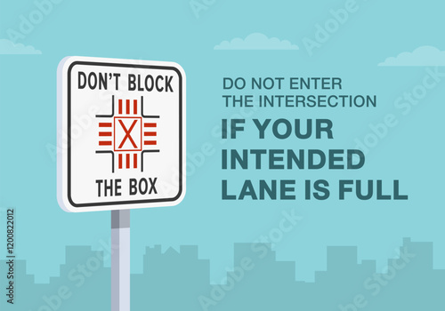 Safe driving tips and traffic regulation rules. Close-up of United States "don't block the box" sign meaning. Do not enter intersection if your lane is full. Flat vector illustration template.