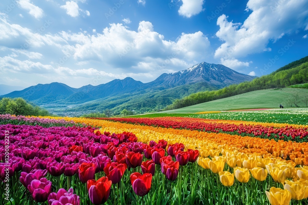 Colorful tulip field, mountain backdrop, spring, Japan, tourism Colorful tulip field, mountain backdrop, spring, Japan, tourism