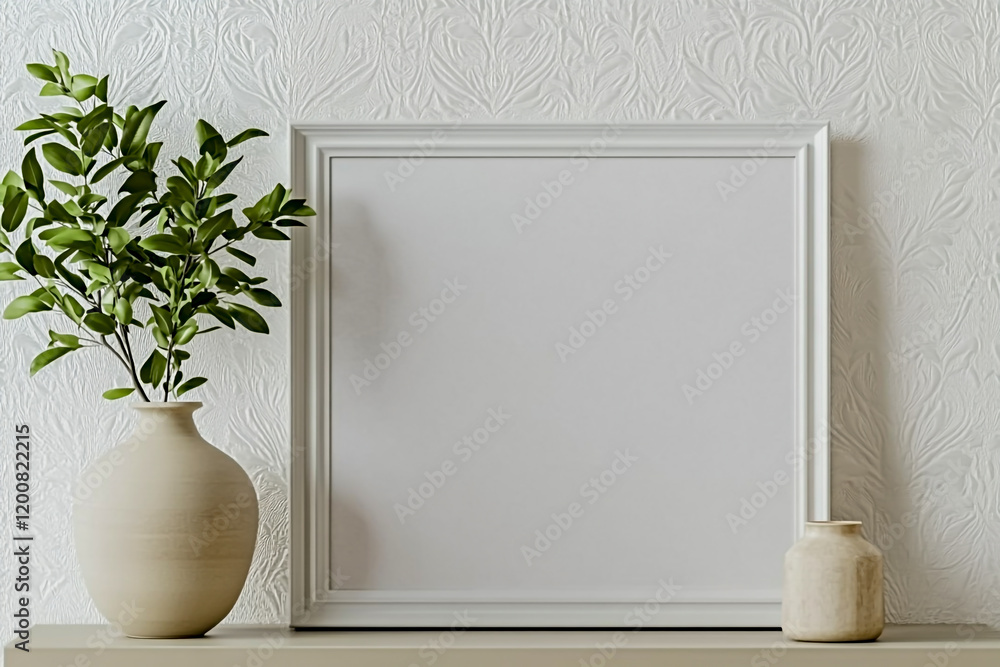 Photograph of a Large White Picture Frame with a Blank Poster on the Table Photograph of a Large White Picture Frame with a Blank Poster on the Table