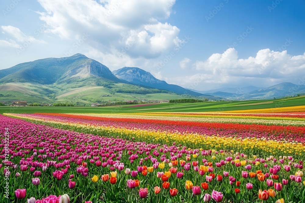 Colorful tulip field blooms in mountain valley Colorful tulip field blooms in mountain valley