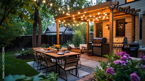 backyard bbq & dining patio at night - warm lighting and ambiance
