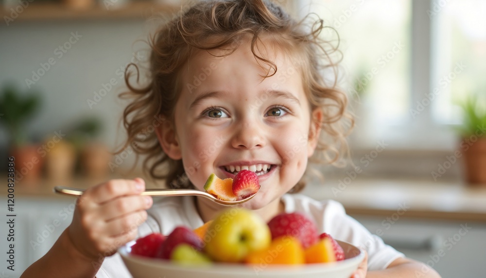 Happy girl enjoying fresh fruits in the kitchen for World Health Day celebration Happy girl enjoying fresh fruits in the kitchen for World Health Day celebration