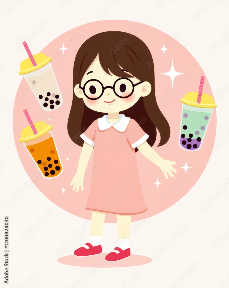 charming girl in a pink dress joyfully surrounded by three cups of boba tea. charming girl in a pink dress joyfully surrounded by three cups of boba tea.
