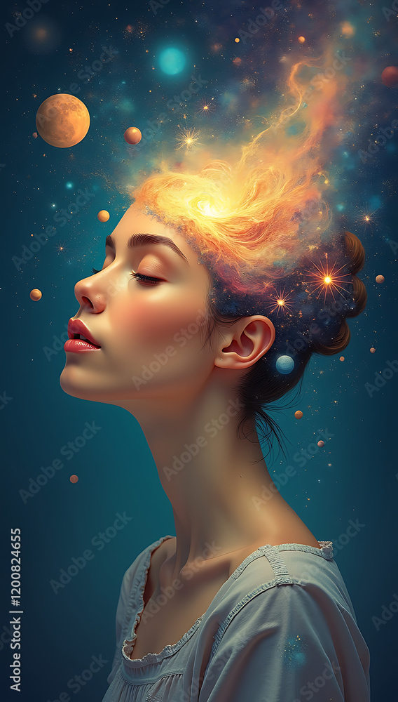 “Surreal Illustration of a Mind as a Galaxy” – A symbolic design showcasing a person’s head blending into a cosmic galaxy filled with stars, planets, and abstract patterns.
“Surreal Illustration of a Mind as a Galaxy” – A symbolic design showcasing a person’s head blending into a cosmic galaxy filled with stars, planets, and abstract patterns.