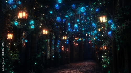 Wallpaper Mural Enchanting Night Street with Glowing Lights and Vines Torontodigital.ca