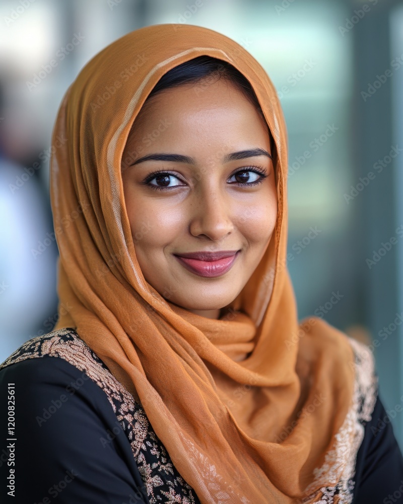 Confident Muslim Female Employee Engaging in Conversation with a Warm Smile in a Corporate Environment Confident Muslim Female Employee Engaging in Conversation with a Warm Smile in a Corporate Environment