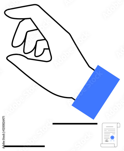 Outlined hand gesture near official signed document with stamp. Ideal for approval processes, bureaucracy workflows, legal validation, e-documentation, business contracts, authentication, abstract