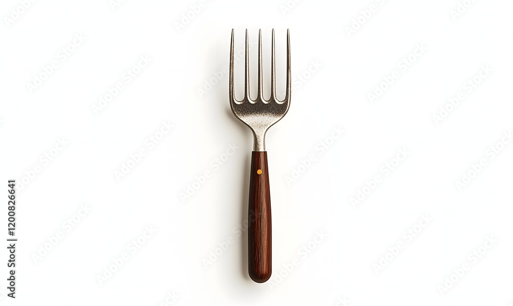 Metal fork with dark brown wooden handle on white background. Metal fork with dark brown wooden handle on white background.