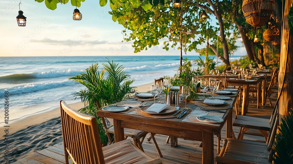 Obraz premium romantic beachfront dinner table setting - relaxing/wellness