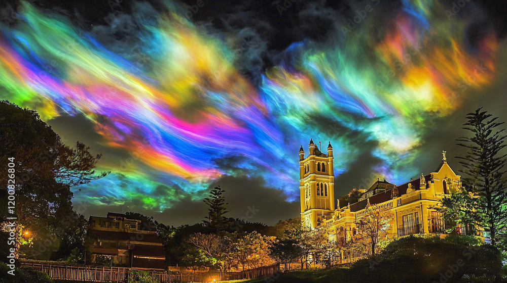 Obraz premium Ethereal night sky filled with color-shifting clouds surrounding a towering illuminated monument 