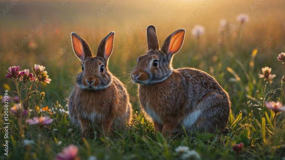 Obraz premium Two Rabbits in a Field