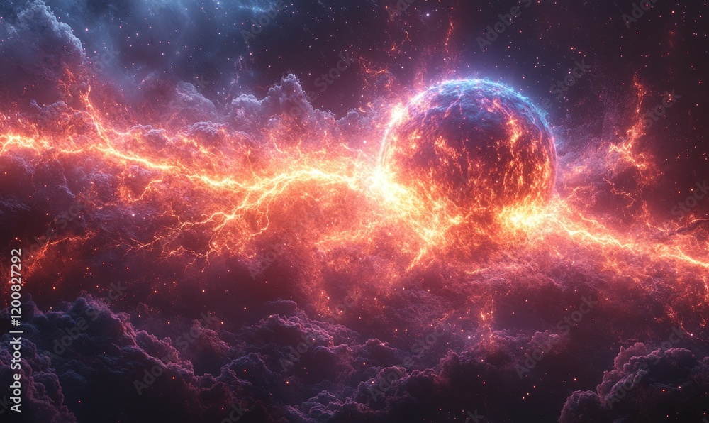 Fiery planet, cosmic lightning, nebula clouds. Fiery planet, cosmic lightning, nebula clouds.