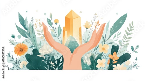 Hands gently cradling a glowing crystal surrounded by vibrant flowers and foliage.