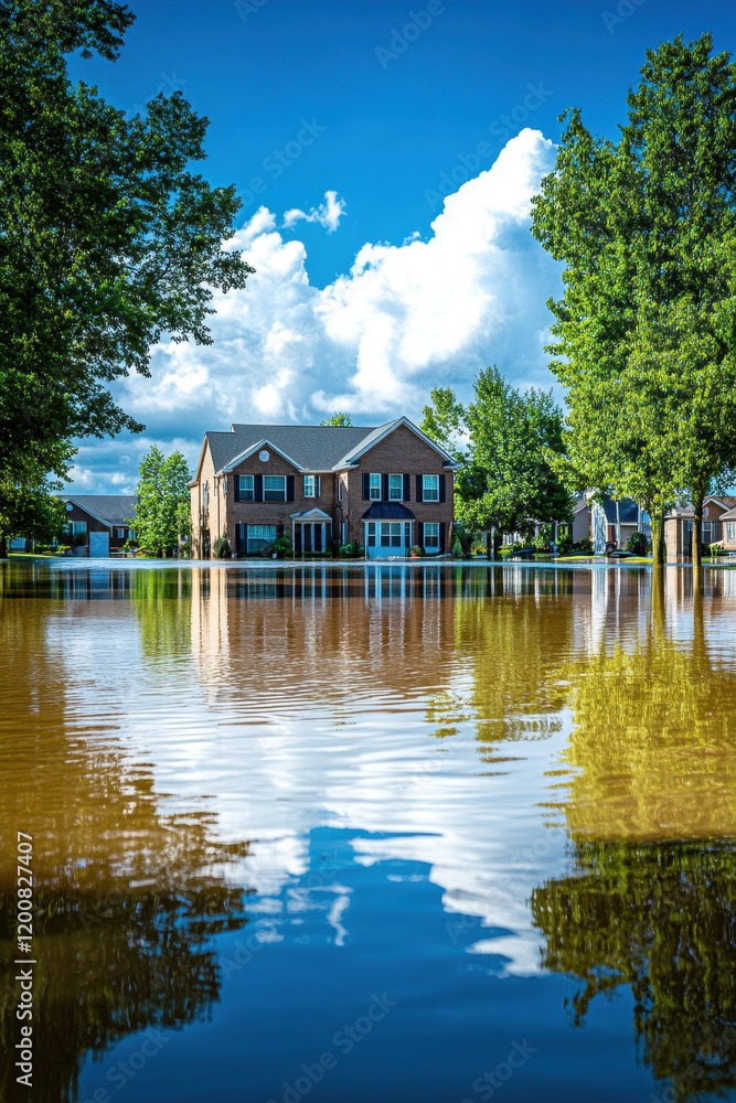 Obraz premium A suburban house surrounded by reflective floodwaters under a clear blue sky, highlighting the impact of natural disasters in residential areas.