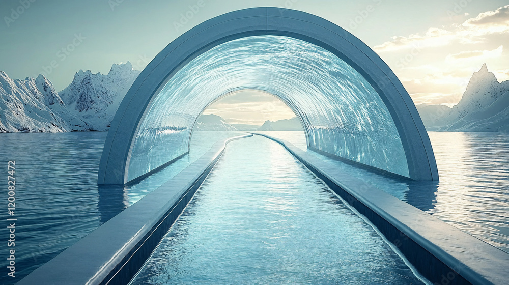 Obraz premium Futuristic aquarium tunnel with luminescent fish and interactive displays projecting 3D animations