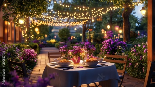 romantic garden dinner, string lights - romantic ambiance