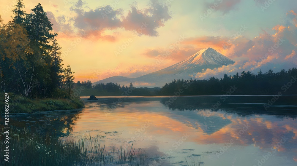 Fototapeta premium Serene Sunset View Of Mount Fuji Reflecting In Calm Lake Water