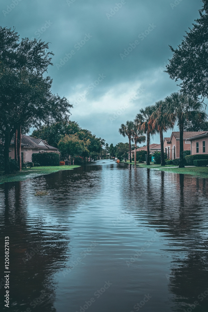 Obraz premium A flooded suburban street with rising water levels under an overcast sky, surrounded by houses and trees.