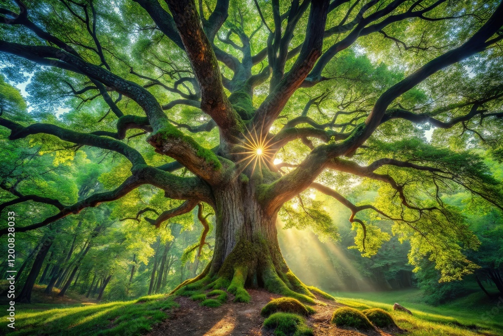 Fototapeta premium Soaring drone captures a hyperrealistic ancient oak, its majesty showcased in a vibrant, lush forest.