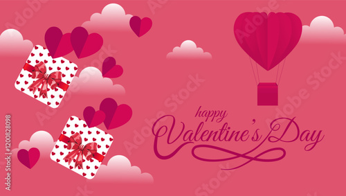 Dreamy Valentine's Day design with a heart shaped hot air balloon carrying gift boxes scattered hearts and fluffy clouds Festive text completes the romantic vibe