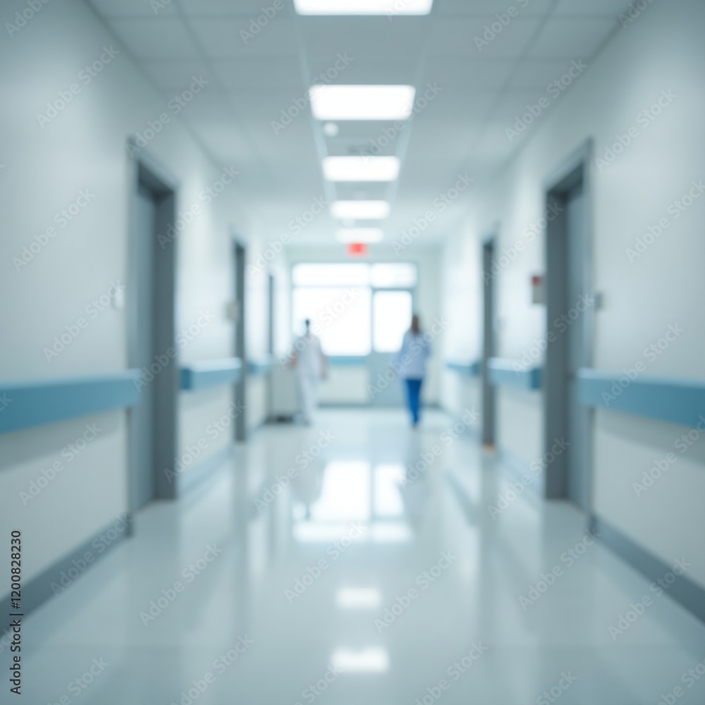 Fototapeta premium Blurred hospital corridor with doctors walking down hallway, medical staff in white coats, bright lights, clean and sterile environment, ideal for healthcare marketing campaigns