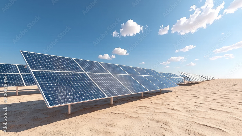 Solar panels in desert landscape under clear blue sky Solar panels in desert landscape under clear blue sky
