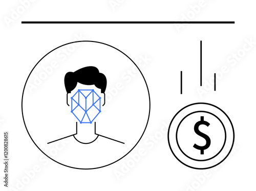 Persons face with recognition grid, currency coin, and downward arrows symbolizing digital payment. Ideal for biometrics, fintech, AI security, transactions, identity verification, innovation