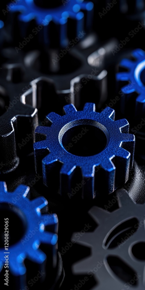 Close-up of blue and black mechanical gears showcasing intricate design and precision. Close-up of blue and black mechanical gears showcasing intricate design and precision.