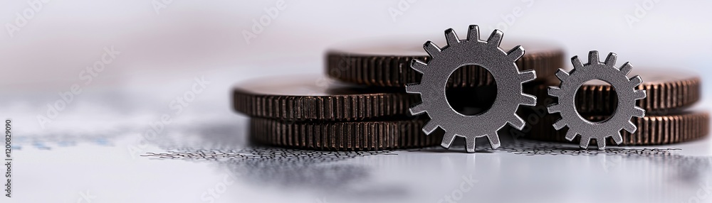 Close-up of coins and gears symbolizing finance and industry concepts. Close-up of coins and gears symbolizing finance and industry concepts.