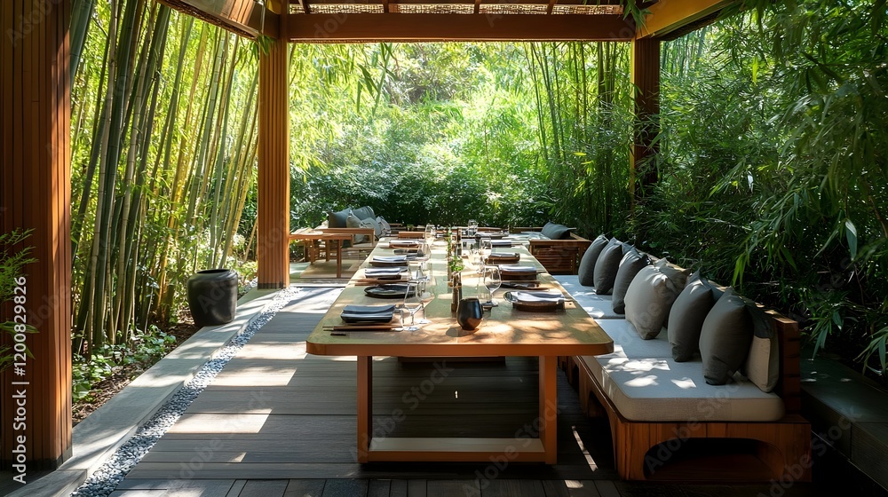 Fototapeta premium serene bamboo garden dining scene - wellness and tranquility