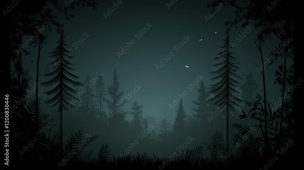 Enigmatic Night Forest Silhouette Under Crescent Moon Enigmatic Night Forest Silhouette Under Crescent Moon
