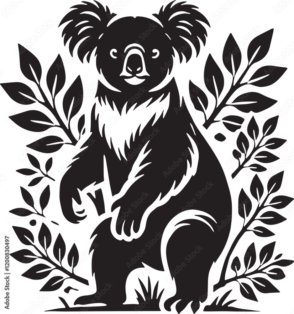 Fototapeta premium Black Color Koala Silhouette Vector Illustration, Solid White Background