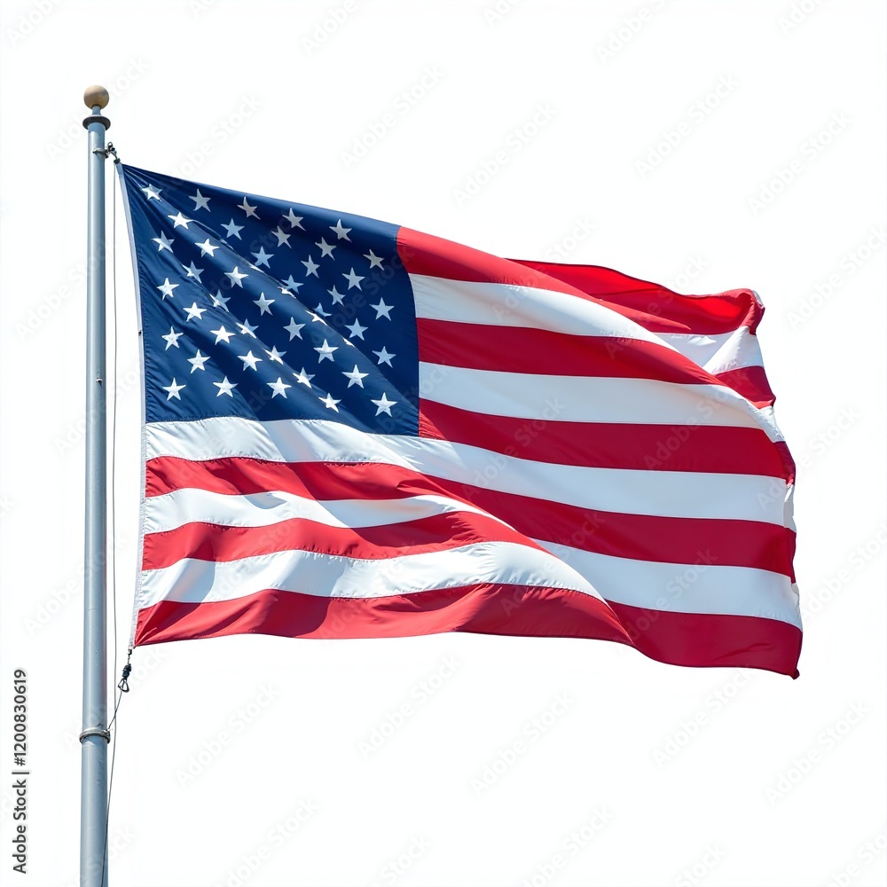 Obraz premium American flag waving on silver pole isolated on white background for marketing campaigns, patriotic advertising, corporate presentations, and website hero images with copy space for text