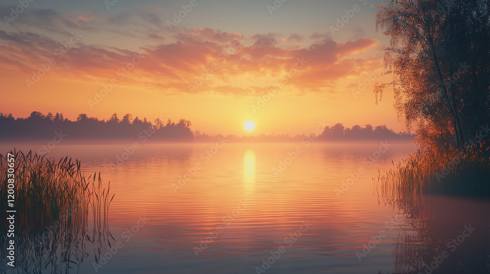 Obraz premium Stunning sunset over serene lake with silhouetted reeds creating a tranquil and picturesque scene reflecting vibrant colors in the water at dusk natures beauty on display
