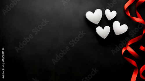 Valentines day black background with red and white hearts with red ribbon photo