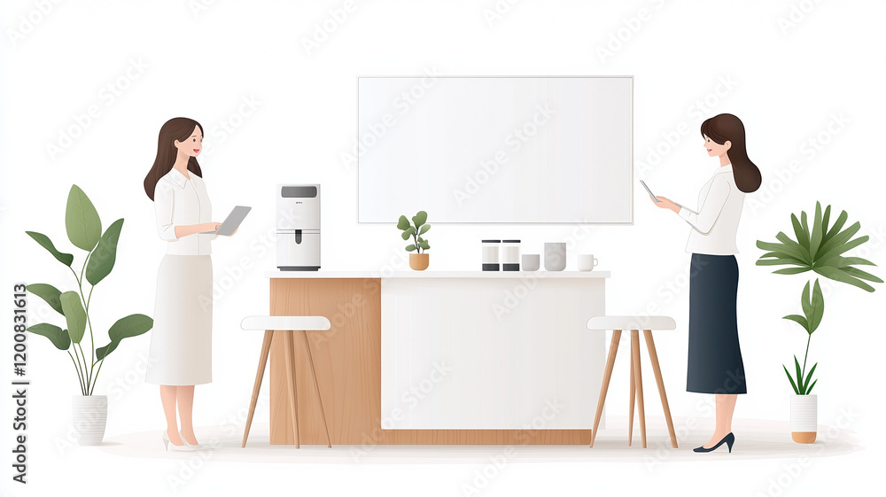 Fototapeta premium Modern office space with two women discussing ideas near water cooler