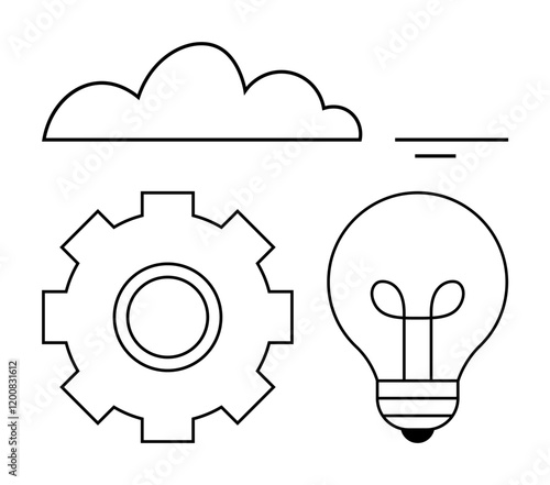 Cloud, gear, and lightbulb outlined in clean, minimalist style. Ideal for innovation, technology, creativity, brainstorming, problem-solving productivity cloud computing abstract line flat