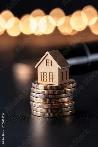 Model house on coins symbolizing real estate investment and financial growth. photo