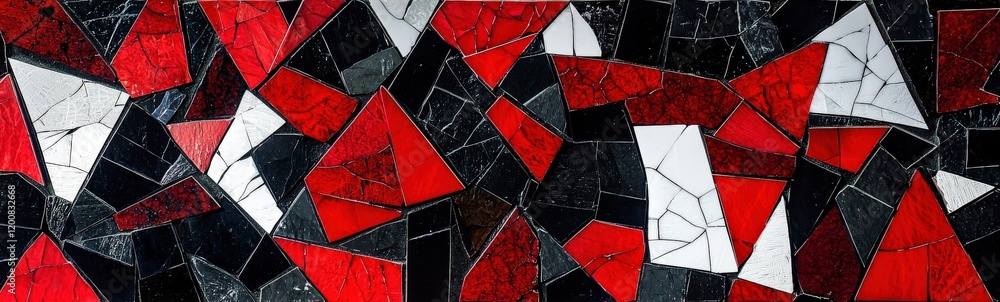 Fototapeta premium Abstract mosaic shards in bold shades of red, black, and white, creating sharp contrast,