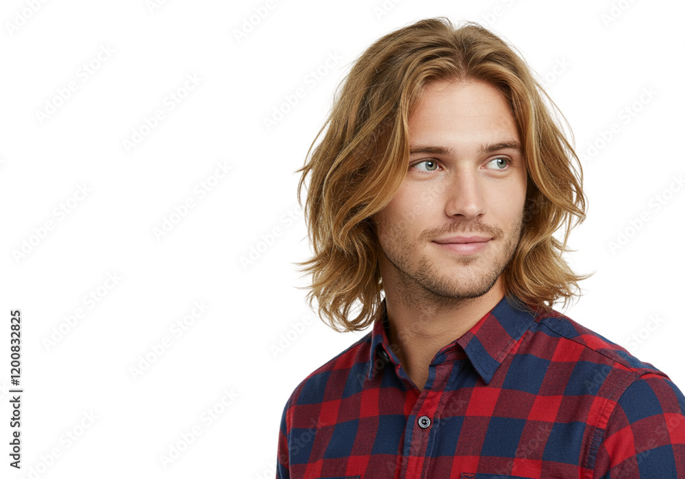 Handsome Man Long Blonde Hair Red Plaid Shirt Studio guy male face look model style young adult Handsome Man Long Blonde Hair Red Plaid Shirt Studio guy male face look model style young adult