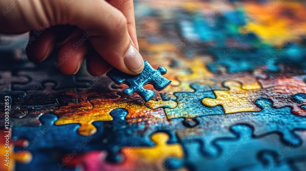 A close-up of a hand about to insert a puzzle piece, the edges of the puzzle and the hand in sharp focus, with the colorful background of the puzzle creating a vibrant atmosphere. A close-up of a hand about to insert a puzzle piece, the edges of the puzzle and the hand in sharp focus, with the colorful background of the puzzle creating a vibrant atmosphere.