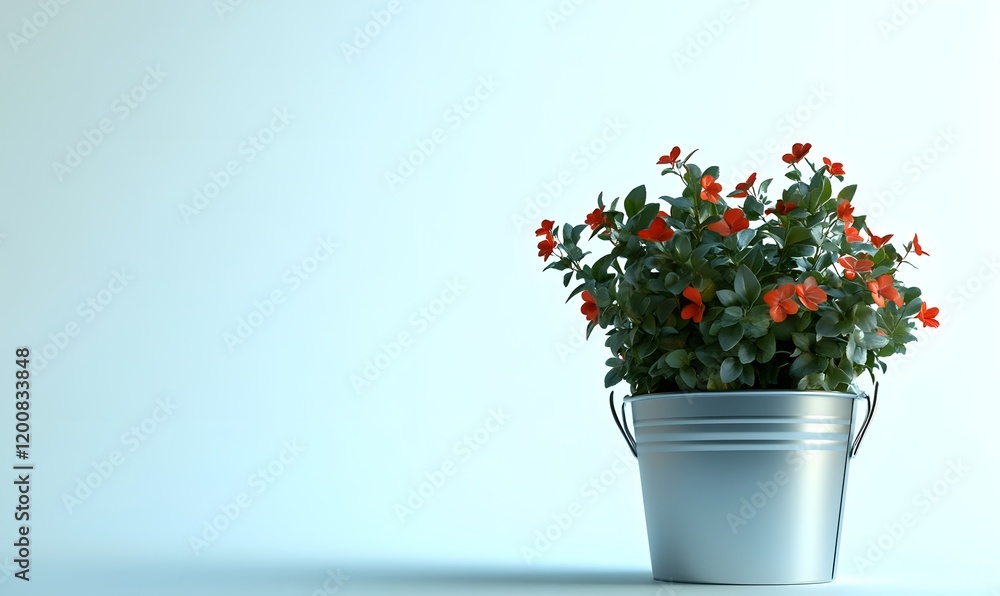 Red flowers in a metal bucket against a light blue background. Red flowers in a metal bucket against a light blue background.