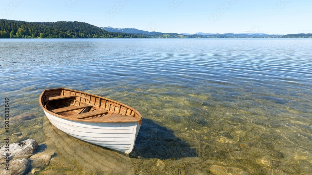 A serene boat on clear water, surrounded by mountains and trees. A serene boat on clear water, surrounded by mountains and trees.