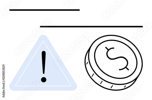 Triangle with exclamation mark and dollar coin beside two horizontal lines. Ideal for financial security, risk management, warnings, economic analysis, business alerts, investment, education. Line